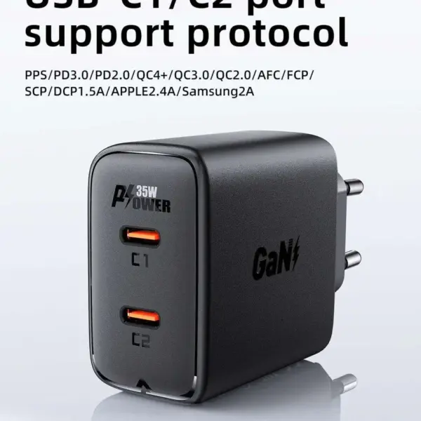 Încărcător AceFast A49 PD35W GaN (USB-C + USB-C) cu două porturi, Negru (EU)