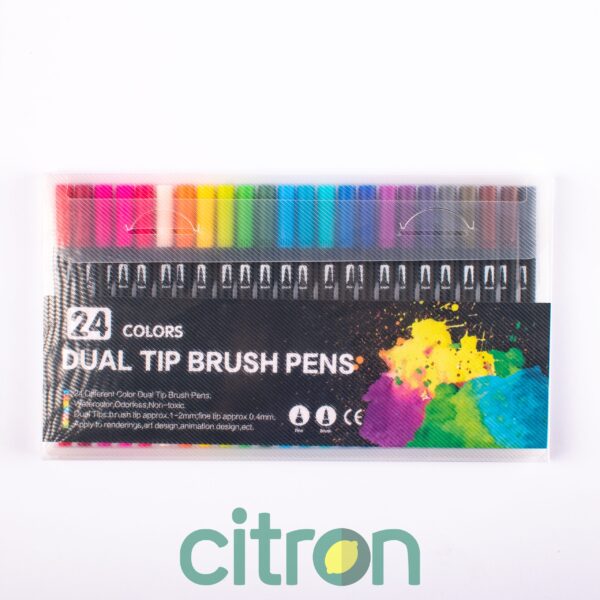 Set 24 markere colorate cu două capete, pensulă + marker, ambalaj PVC