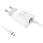 HOCO C80A Rapido PD+QC3.0 încărcător de rețea, 1 port + cablu Type-C to Type-C (EU, Alb)