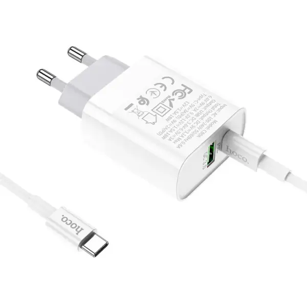 HOCO C80A Rapido PD+QC3.0 încărcător de rețea, 1 port + cablu Type-C to Type-C (EU, Alb)